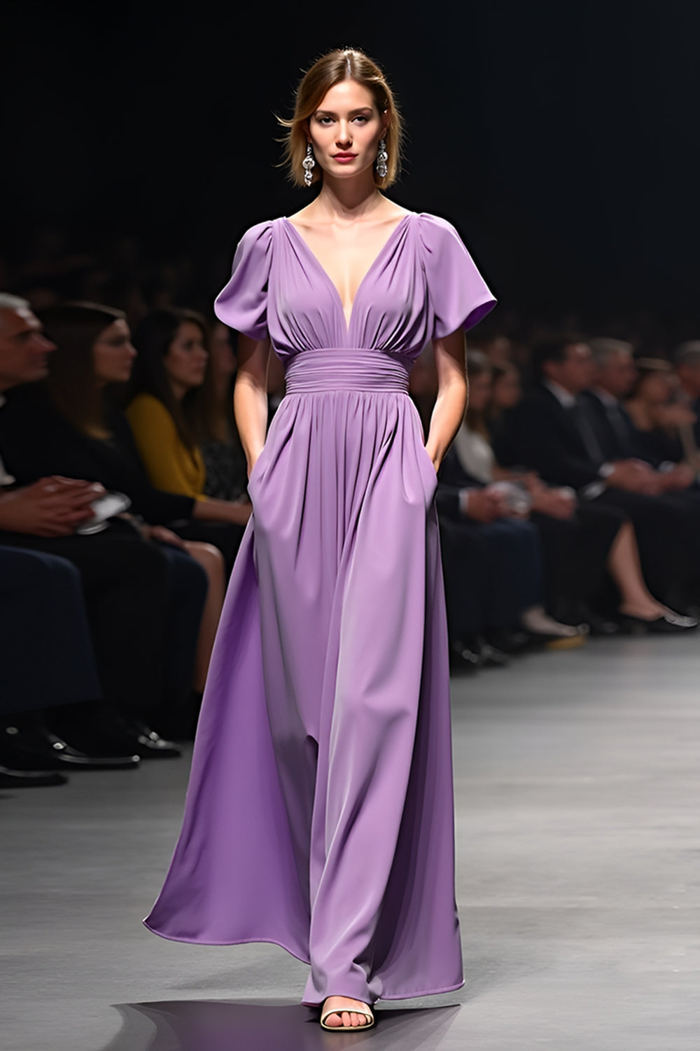 Purple A Line Ruched Long Gala Dress with Short Sleeves