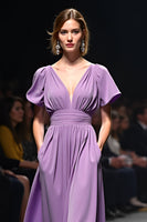 Load image into Gallery viewer, Purple A Line Ruched Long Gala Dress with Short Sleeves