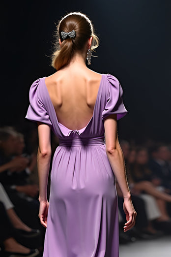 Purple A Line Ruched Long Gala Dress with Short Sleeves