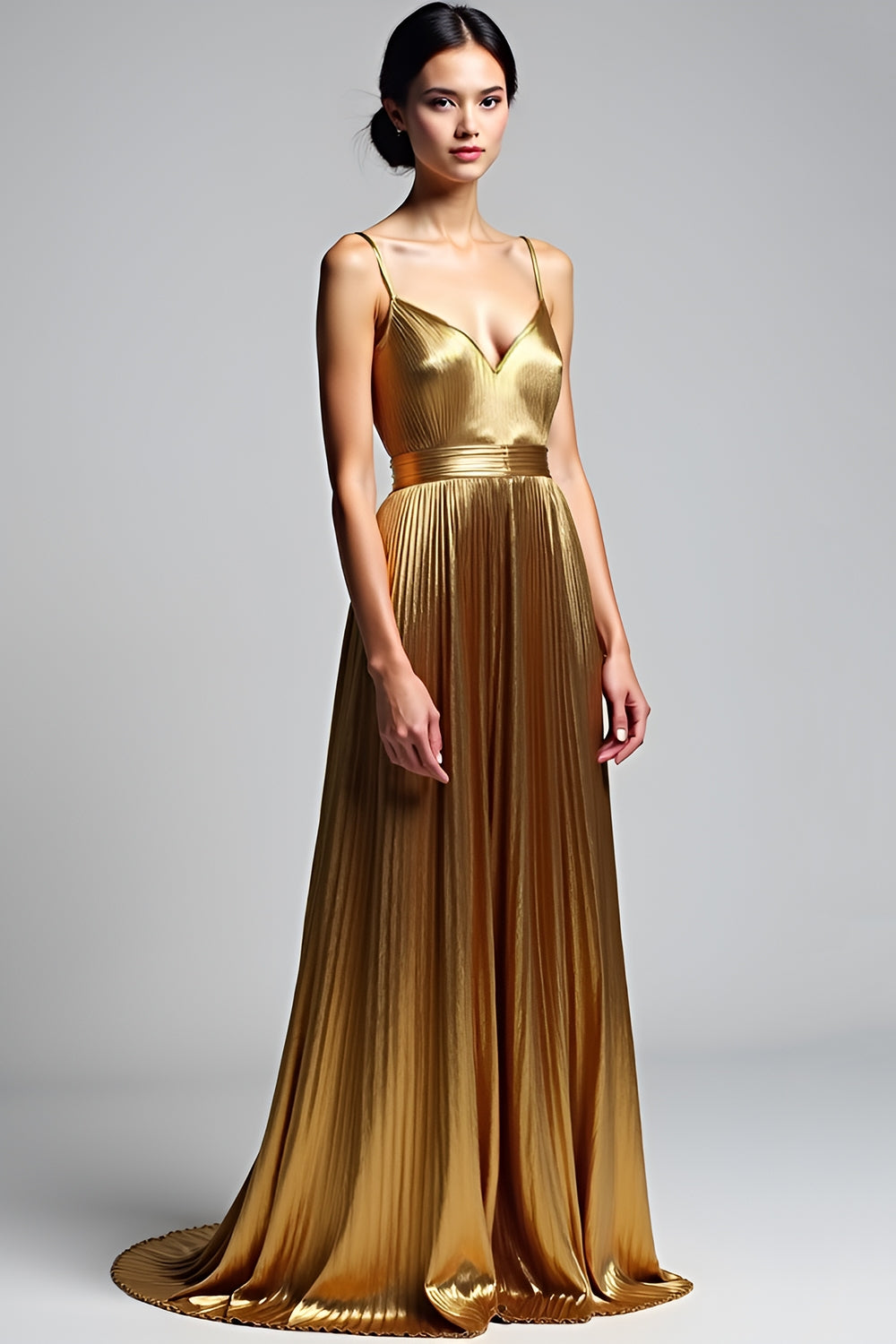 Golden Metallic A Line Long Prom Dress