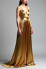 Load image into Gallery viewer, Golden Metallic A Line Long Prom Dress