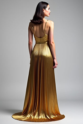 Golden Metallic A Line Long Prom Dress