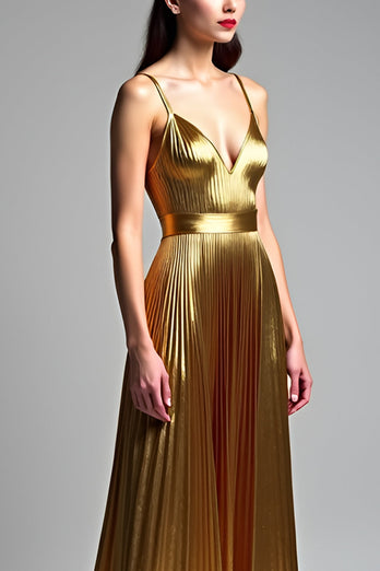 Golden Metallic A Line Long Prom Dress