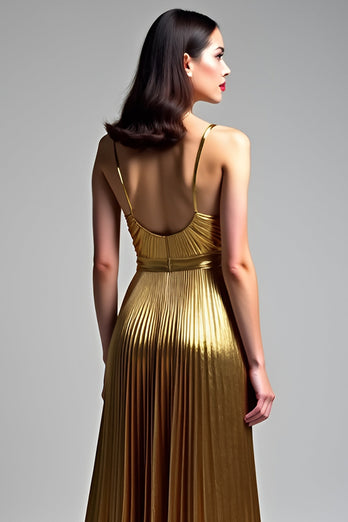 Golden Metallic A Line Long Prom Dress