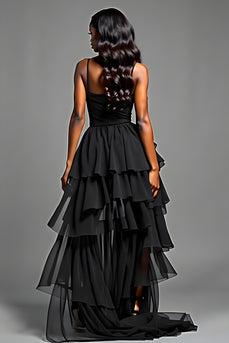 A Line Black Tiered Long Tulle Prom Dress