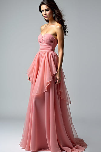 Dusty Rose Ruched Strapless Long Prom Dress with Ruffles