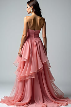 Dusty Rose Ruched Strapless Long Prom Dress with Ruffles