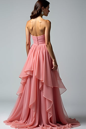 Dusty Rose Ruched Strapless Long Prom Dress with Ruffles