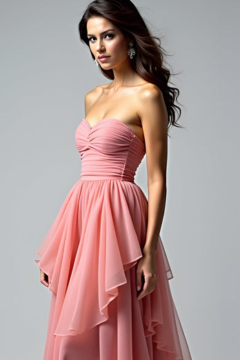 Dusty Rose Ruched Strapless Long Prom Dress with Ruffles