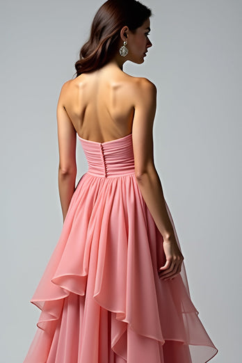 Dusty Rose Ruched Strapless Long Prom Dress with Ruffles