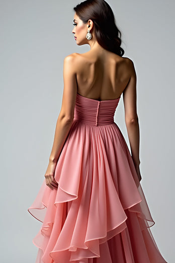 Dusty Rose Ruched Strapless Long Prom Dress with Ruffles