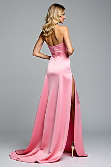 Hot Pink Bowknot Strapless Long Prom Dress with Slit