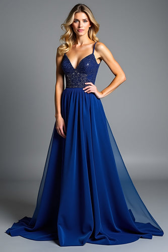 Royal Blue A Line Long Prom Dress with Beading