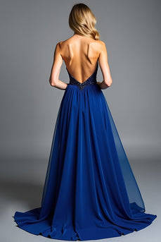 Royal Blue A Line Long Prom Dress with Beading