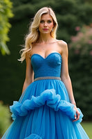 Load image into Gallery viewer, Blue Sweetheart A Line Tiered Long Prom Dress with Beading