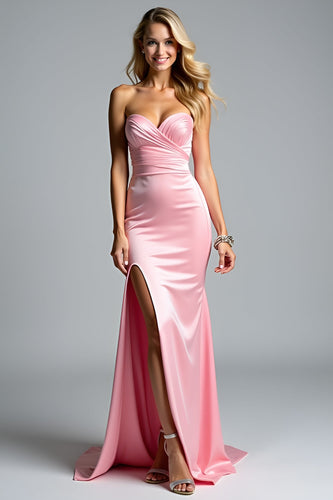 Pink Sweetheart Long Prom Dress with Slit