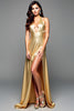 Load image into Gallery viewer, Halter Golden Metalic Long Prom Dress with Slit