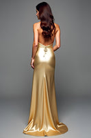 Load image into Gallery viewer, Halter Golden Metalic Long Prom Dress with Slit