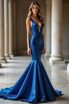 Sparkly Royal Blue Deep V-Neck Mermaid Long Prom Dress