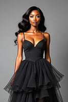 Load image into Gallery viewer, Black A Line Tiered Asymetrical Tulle Long Prom Dress
