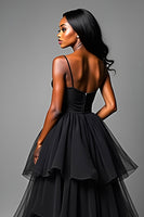 Load image into Gallery viewer, Black A Line Tiered Asymetrical Tulle Long Prom Dress