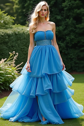 Blue A Line Strapless Tiered Long Prom Dress with Beading
