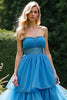 Load image into Gallery viewer, Blue A Line Strapless Tiered Long Prom Dress with Beading