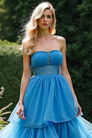 Load image into Gallery viewer, Blue A Line Strapless Tiered Long Prom Dress with Beading