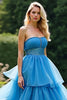 Load image into Gallery viewer, Blue A Line Strapless Tiered Long Prom Dress with Beading