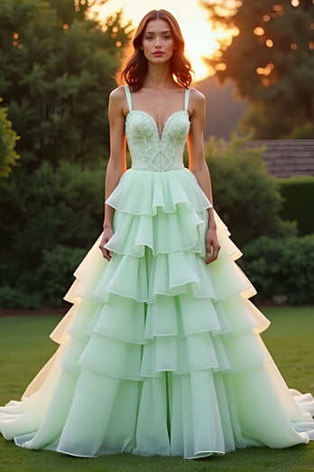 Green Ball Gown Tiered Long Prom Dress with Ruffles