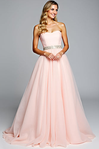 Light Pink A Line Strapless Long Prom Dress with Beading