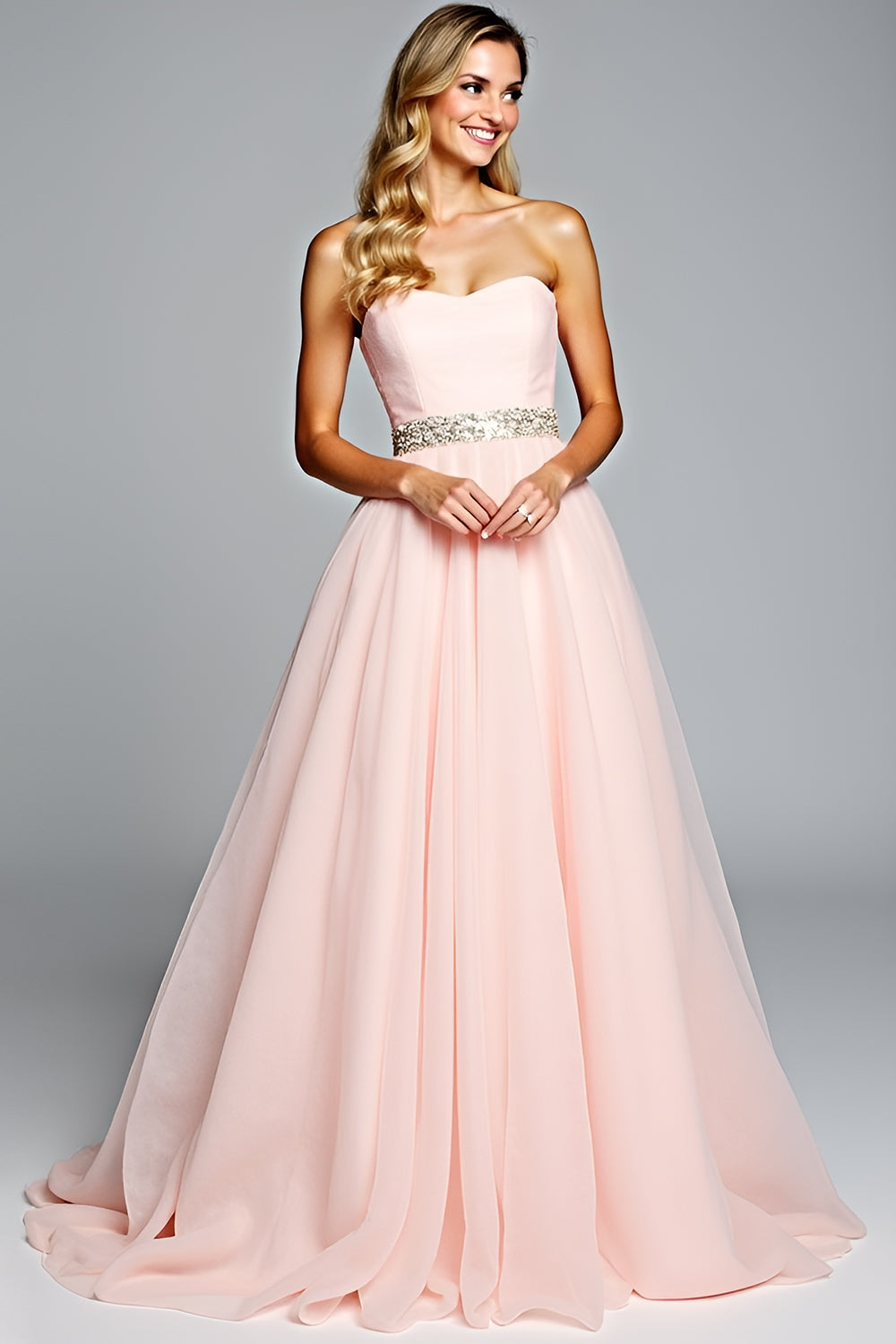 Light Pink A Line Strapless Long Prom Dress with Beading