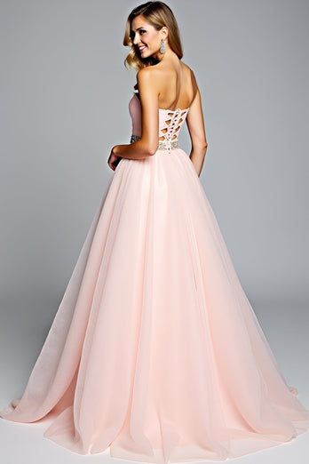 Light Pink A Line Strapless Long Prom Dress with Beading