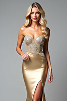 Load image into Gallery viewer, Golden Beaded Sweetheart Long Prom Dress with Slit