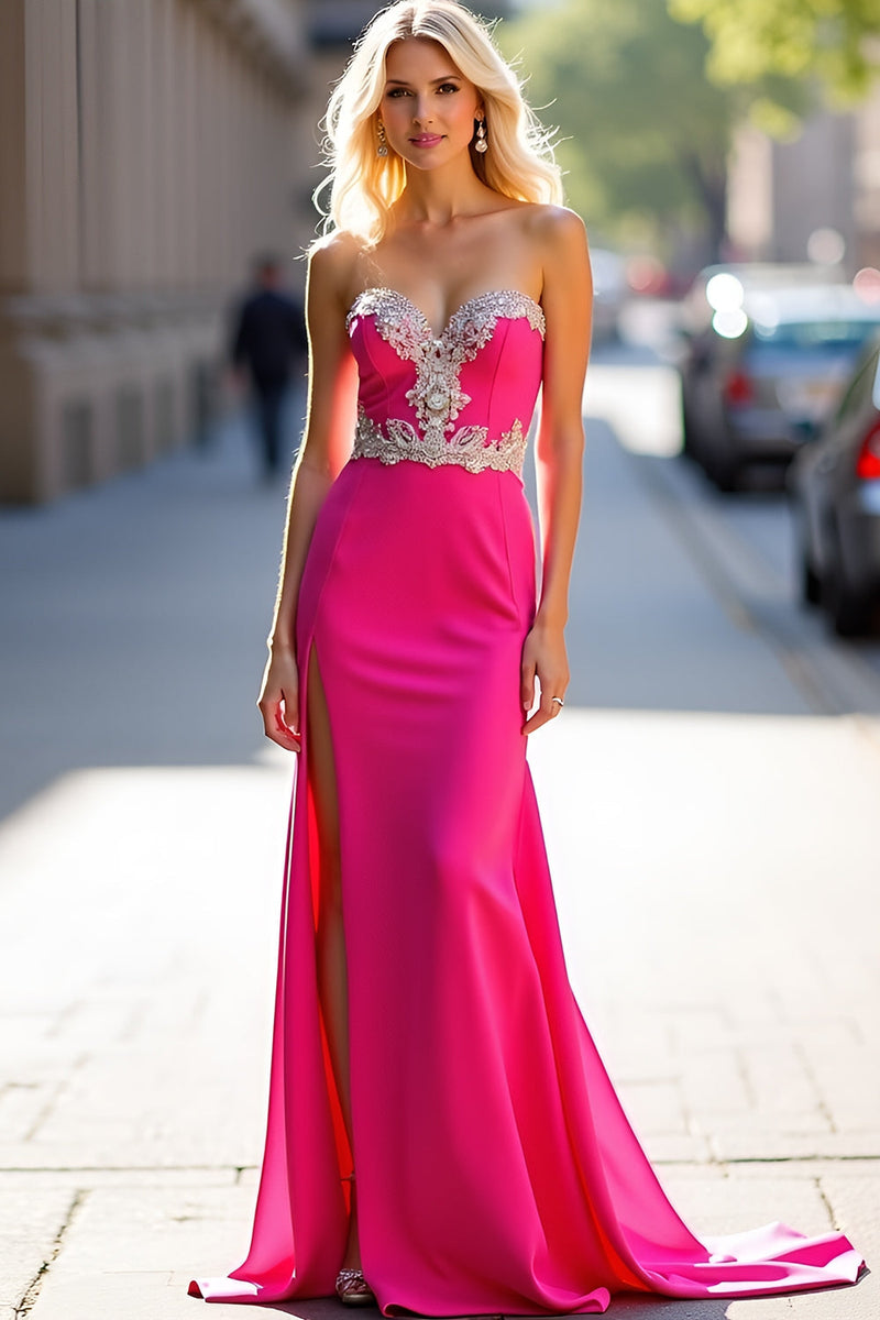 Load image into Gallery viewer, Fuchsia Mermaid Beaded Long Prom Dress with Slit