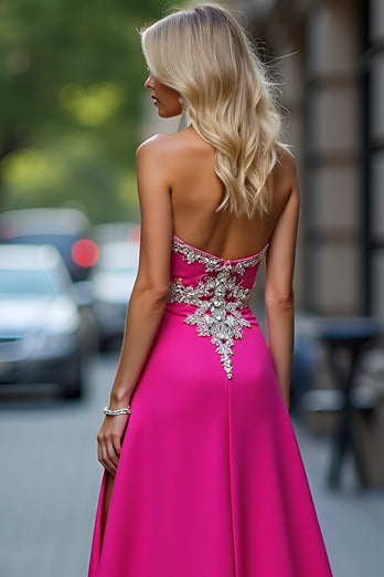 Fuchsia Mermaid Beaded Long Prom Dress with Slit