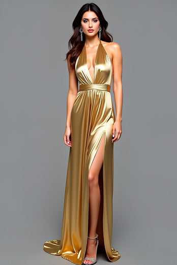 Halter Golden Metallic Long Prom Dress with Slit