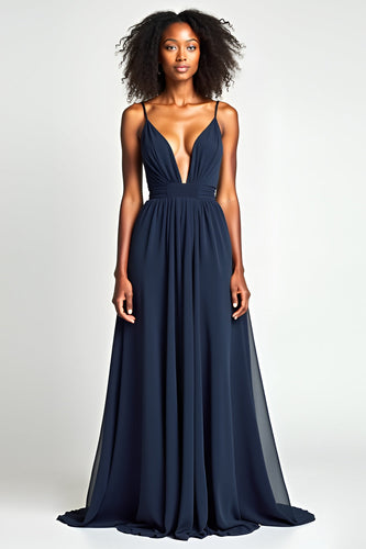 Navy A Line Ruched Spaghetti Straps Long Prom Dress