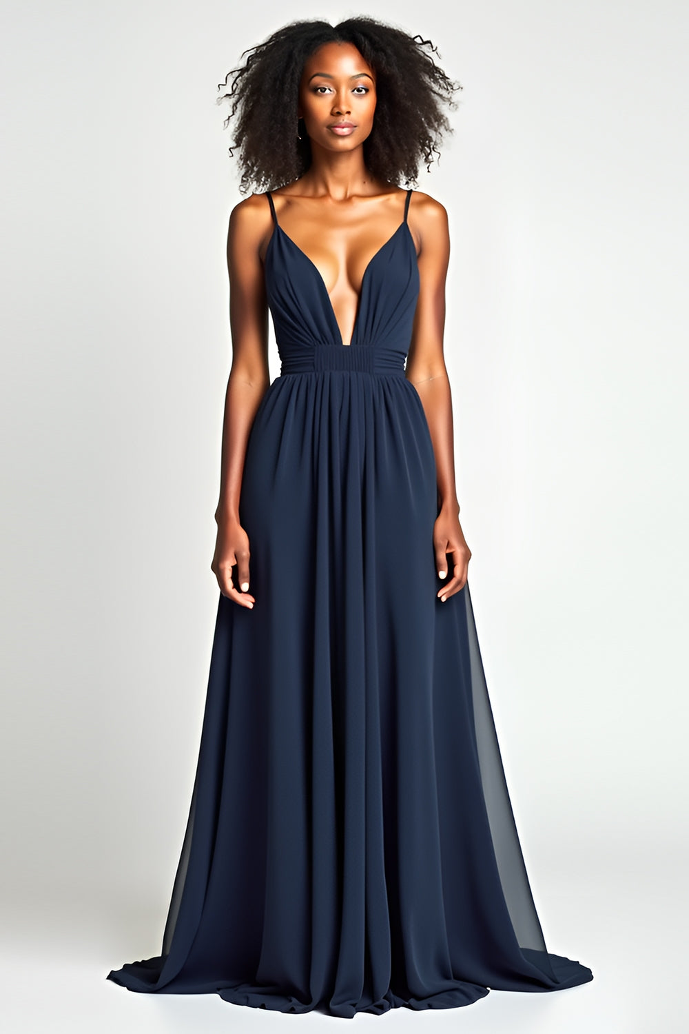 Navy A Line Ruched Spaghetti Straps Long Prom Dress