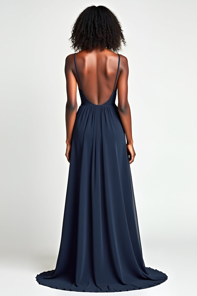 Load image into Gallery viewer, Navy A Line Ruched Spaghetti Straps Long Prom Dress