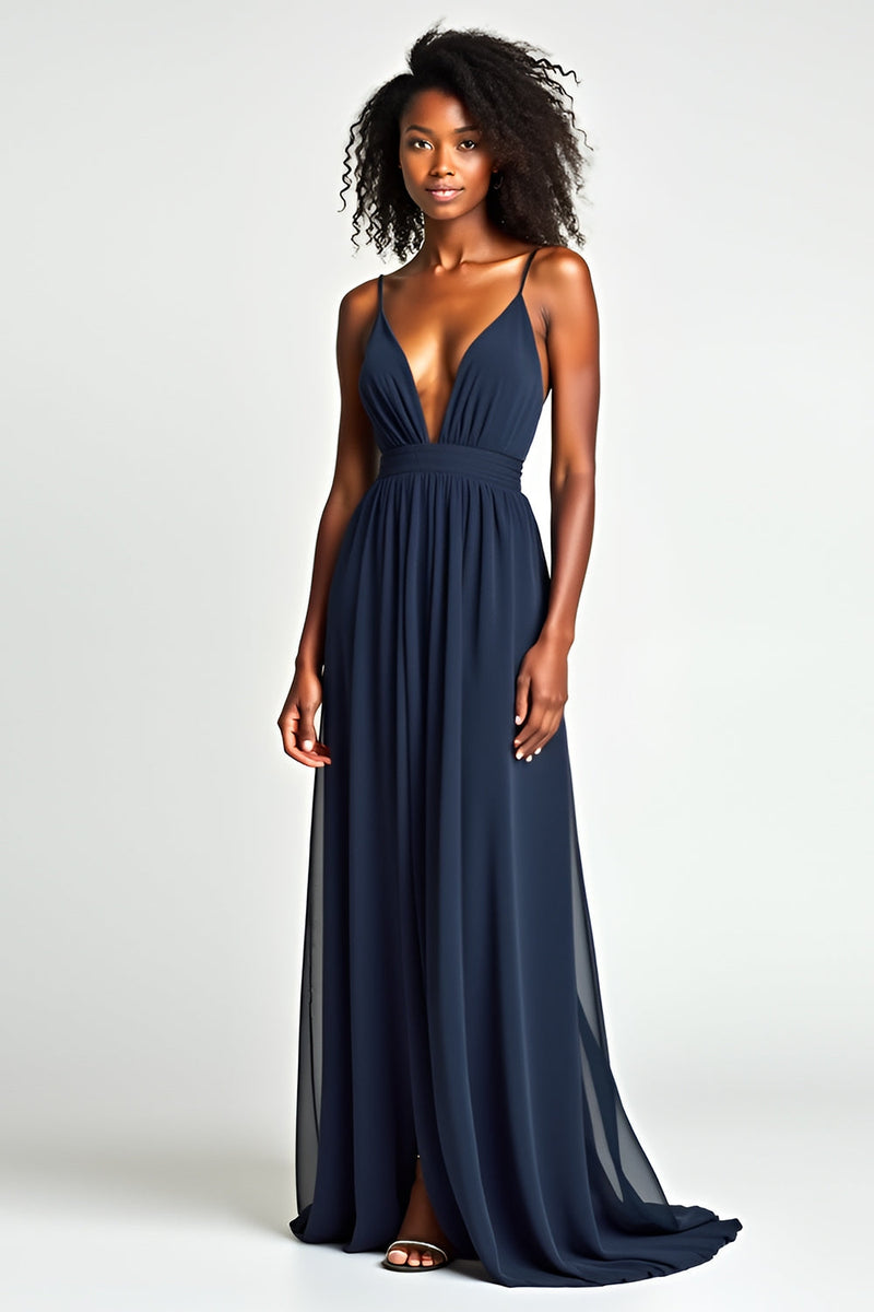 Load image into Gallery viewer, Navy A Line Ruched Spaghetti Straps Long Prom Dress