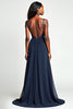 Load image into Gallery viewer, Navy A Line Ruched Spaghetti Straps Long Prom Dress