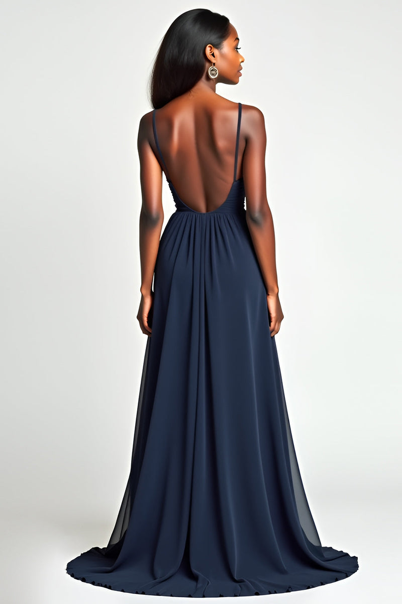Load image into Gallery viewer, Navy A Line Ruched Spaghetti Straps Long Prom Dress