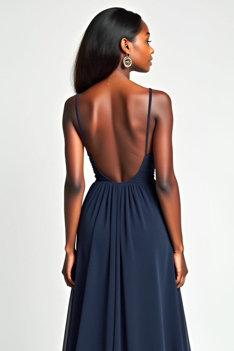Load image into Gallery viewer, Navy A Line Ruched Spaghetti Straps Long Prom Dress