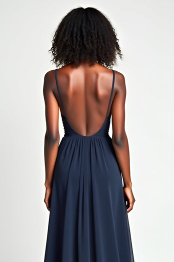 Navy A Line Ruched Spaghetti Straps Long Prom Dress