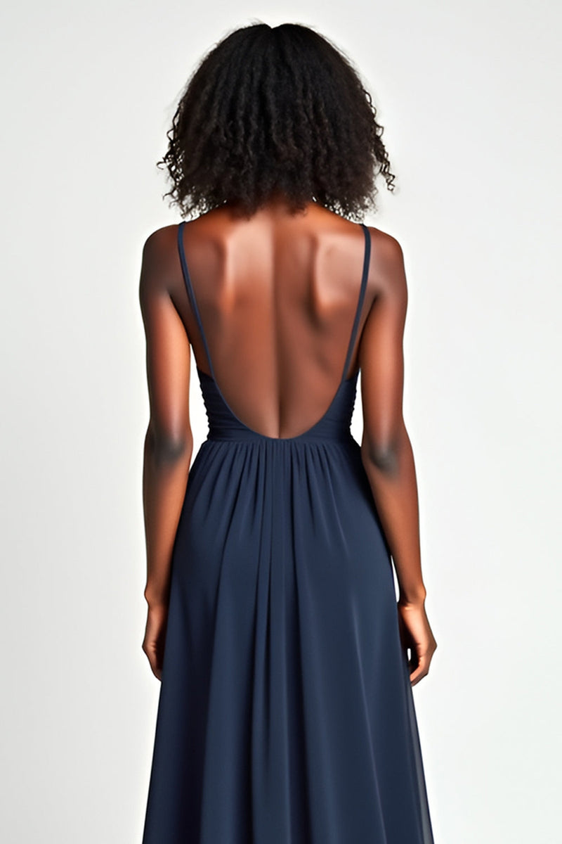 Load image into Gallery viewer, Navy A Line Ruched Spaghetti Straps Long Prom Dress