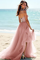 Load image into Gallery viewer, Blush A Line Beaded Long Tulle Wedding Guest Dress