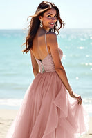 Load image into Gallery viewer, Blush A Line Beaded Long Tulle Wedding Guest Dress