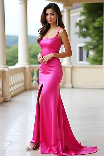 Square Neck Mermaid Fuchsia Long Satin Prom Dress with Slit