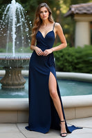 Load image into Gallery viewer, Navy Sheath Long Chiffon Wedding Guest Dress with Slit
